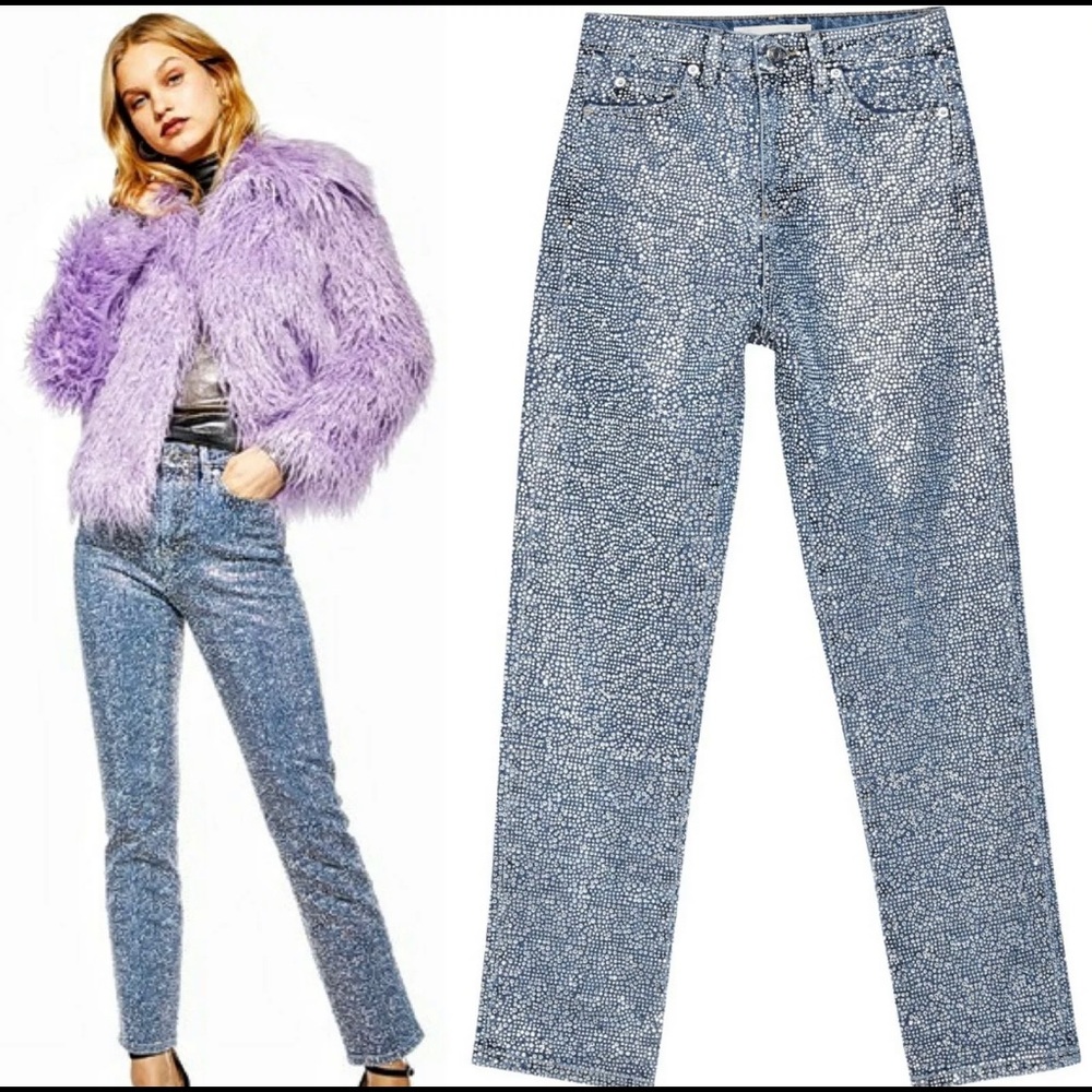 RARE! Topshop Diamante rhinestone embellished high waisted jeans
